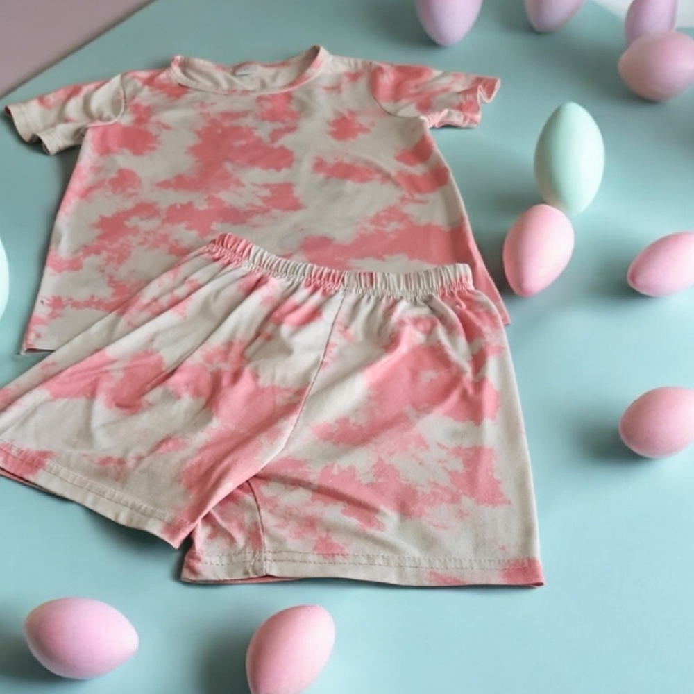 Pink and White tied dyed look Kids Pajamas 7Y in fair shape